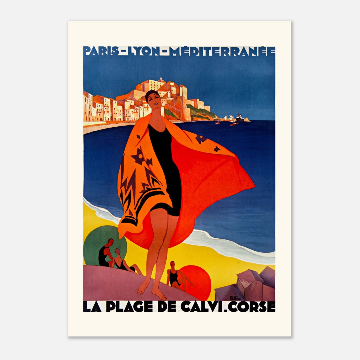 Planche Art Déco La Plage de Calvi par Roger Broders (84,1x118,9 cm (A0)). Affiche Art Déco vintage "La Plage de Calvi - Corse", représentant une femme en costume de bain avec une cape colorée sur une plage, avec la ville de Calvi en arrière-plan.