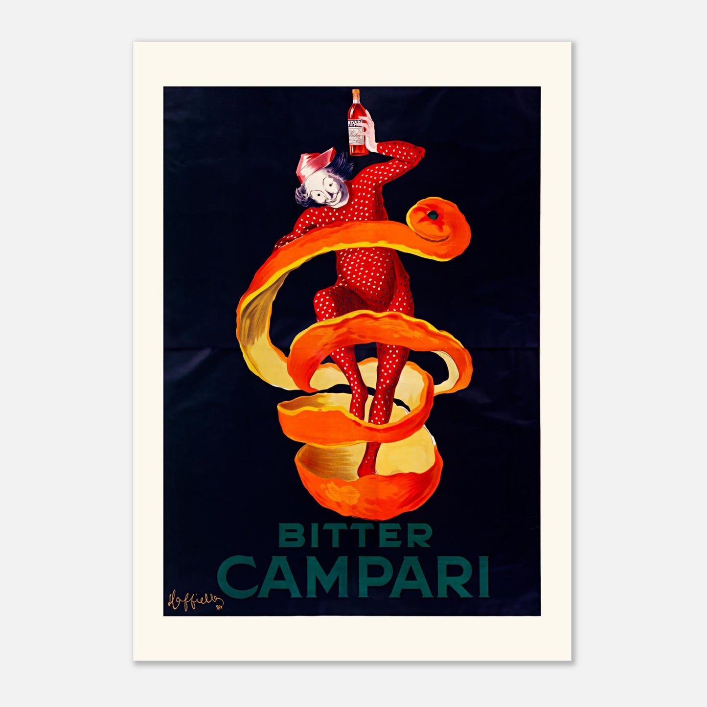 Affiche ancienne Bitter Campari par Leonetto Cappiello (1921) (A0 (84.1 x 118.9  cm)). Affiche publicitaire vintage de Leonetto Cappiello pour Bitter Campari, montrant une figure de lutin orange dansant autour d'une écorce d'orange, tenant une bouteille.