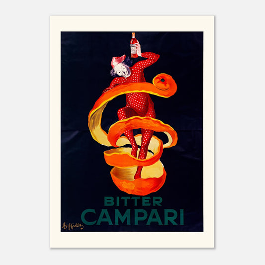 Affiche ancienne Bitter Campari par Leonetto Cappiello (1921) (A2 (42 x 59.4  cm)). Affiche publicitaire vintage de Leonetto Cappiello pour Bitter Campari, montrant une figure de lutin orange dansant autour d'une écorce d'orange, tenant une bouteille.