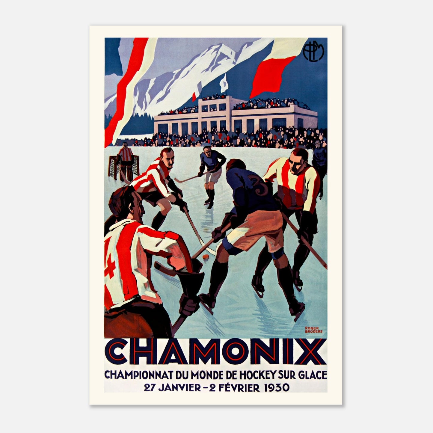 Affiche ancienne Chamonix Hockey 1930 par Roger Broders (30x45 cm / 12x18″). Affiche vintage de Roger Broders pour le Championnat du Monde de Hockey sur Glace à Chamonix en 1930, avec des joueurs s'affrontant sur la glace devant un public et des montagnes enneigées.