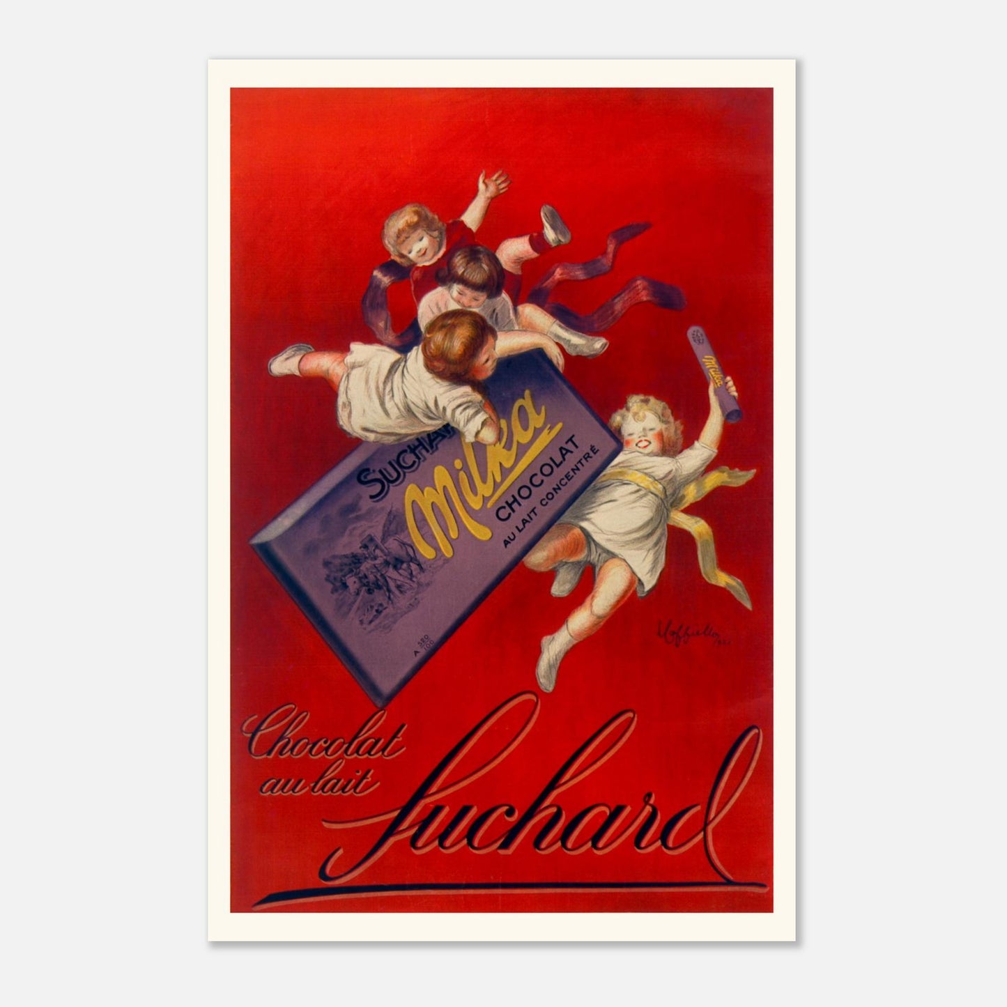 Planche publicitaire "Chocolat au lait Suchard Milka" par Cappiello (1925) (30x45 cm / 12x18″). Affiche vintage pour le chocolat au lait Suchard Milka par Leonetto Cappiello (1925), montrant plusieurs enfants jouant autour d'une grande tablette de chocolat.