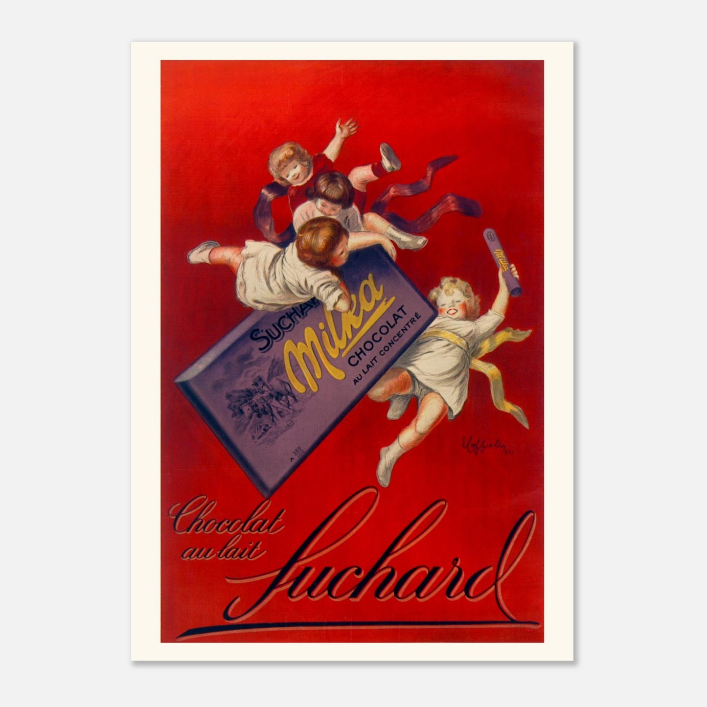 Planche publicitaire "Chocolat au lait Suchard Milka" par Cappiello (1925) (50x70 cm / 20x28″). Affiche vintage pour le chocolat au lait Suchard Milka par Leonetto Cappiello (1925), montrant plusieurs enfants jouant autour d'une grande tablette de chocolat.