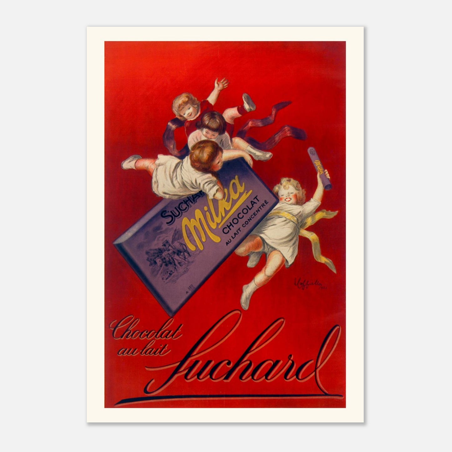 Planche publicitaire "Chocolat au lait Suchard Milka" par Cappiello (1925) (70x100 cm / 28x40″). Affiche vintage pour le chocolat au lait Suchard Milka par Leonetto Cappiello (1925), montrant plusieurs enfants jouant autour d'une grande tablette de chocolat.