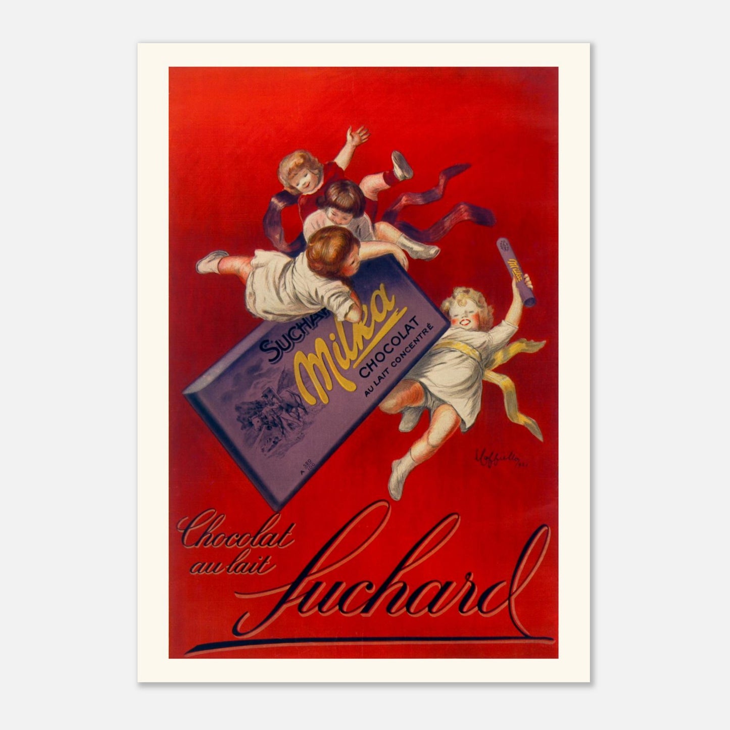 Planche publicitaire "Chocolat au lait Suchard Milka" par Cappiello (1925) (A0 (84.1 x 118.9  cm)). Affiche vintage pour le chocolat au lait Suchard Milka par Leonetto Cappiello (1925), montrant plusieurs enfants jouant autour d'une grande tablette de chocolat.