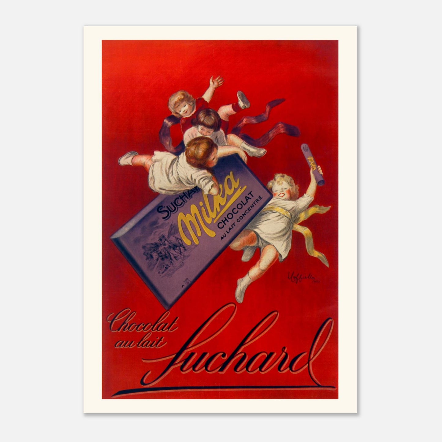 Planche publicitaire "Chocolat au lait Suchard Milka" par Cappiello (1925) (A1 (59.4 x 84.1  cm)). Affiche vintage pour le chocolat au lait Suchard Milka par Leonetto Cappiello (1925), montrant plusieurs enfants jouant autour d'une grande tablette de chocolat.
