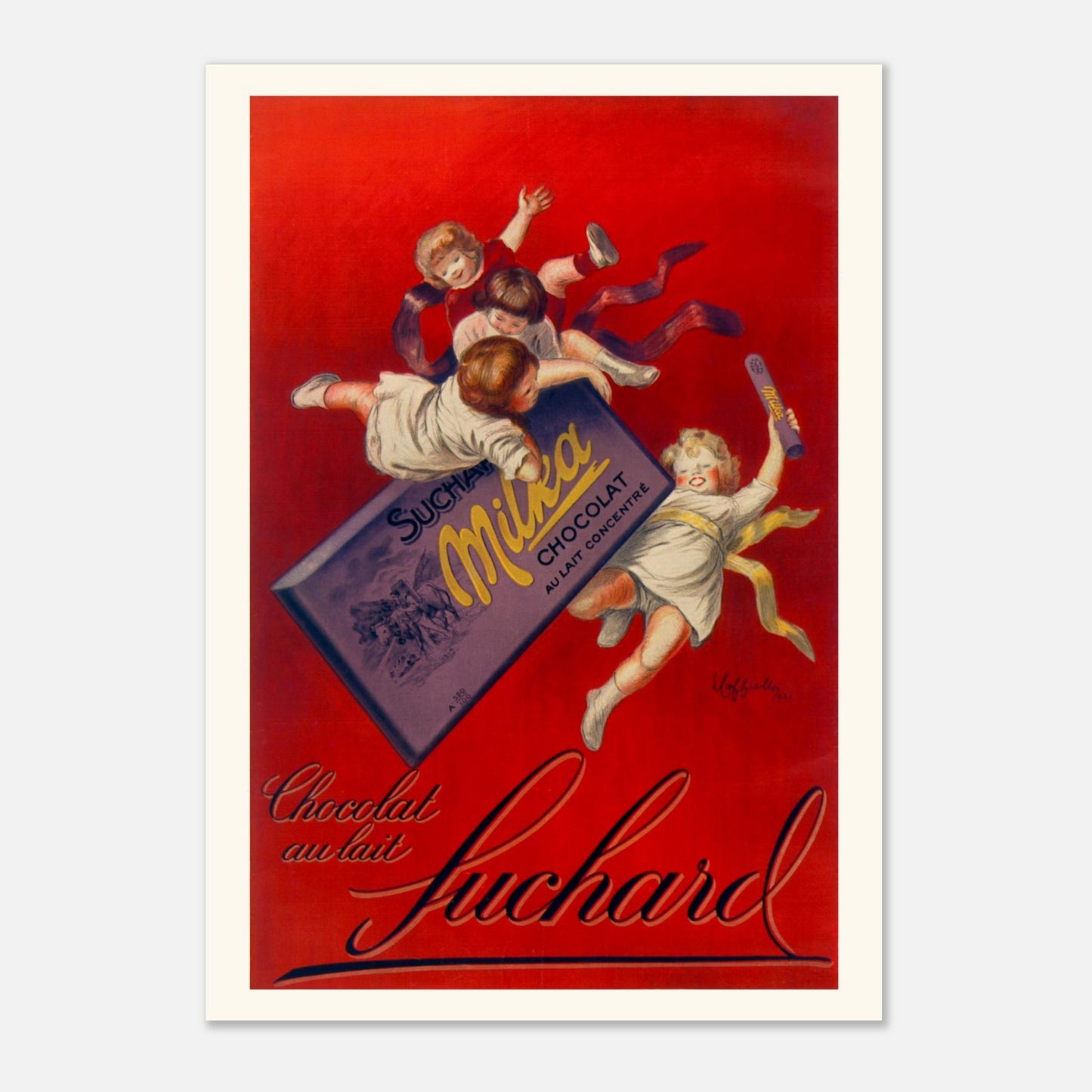 Planche publicitaire "Chocolat au lait Suchard Milka" par Cappiello (1925) (A2 (42 x 59.4  cm)). Affiche vintage pour le chocolat au lait Suchard Milka par Leonetto Cappiello (1925), montrant plusieurs enfants jouant autour d'une grande tablette de chocolat.