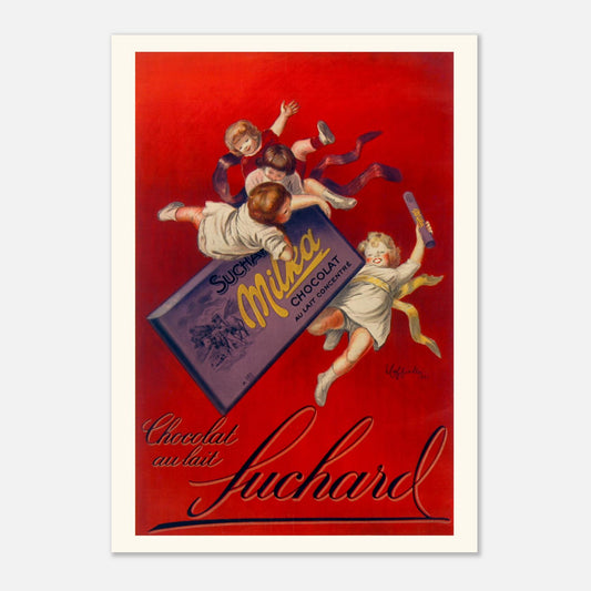 Planche publicitaire "Chocolat au lait Suchard Milka" par Cappiello (1925) (A2 (42 x 59.4  cm)). Affiche vintage pour le chocolat au lait Suchard Milka par Leonetto Cappiello (1925), montrant plusieurs enfants jouant autour d'une grande tablette de chocolat.