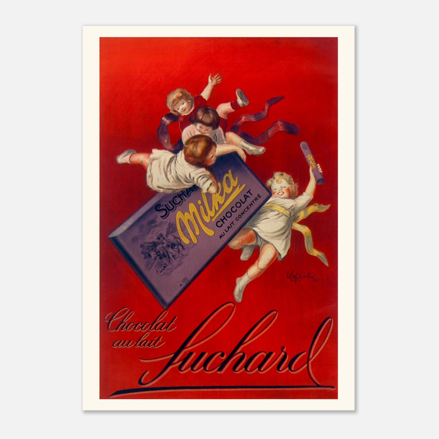 Planche publicitaire "Chocolat au lait Suchard Milka" par Cappiello (1925) (A3 (29.7 x 42  cm)). Affiche vintage pour le chocolat au lait Suchard Milka par Leonetto Cappiello (1925), montrant plusieurs enfants jouant autour d'une grande tablette de chocolat.