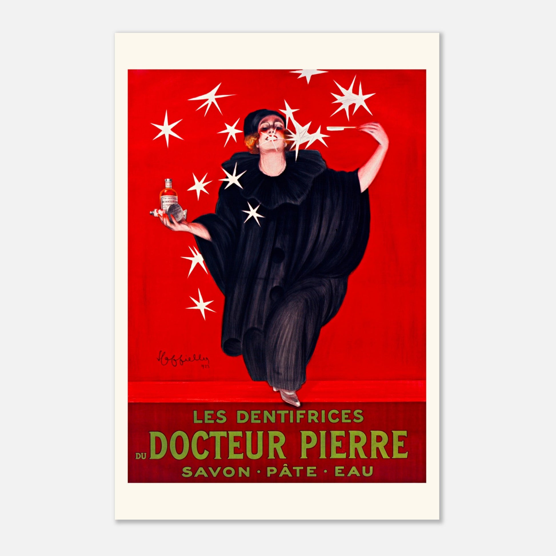 Affiche Dentifrices du Docteur Pierre — Leonetto Cappiello, 1923 (40x60 cm). Affiche publicitaire ancienne pour les dentifrices du Docteur Pierre, montrant une femme en tenue de soirée tenant des objets pour l'hygiène dentaire, entourée d'étoiles.