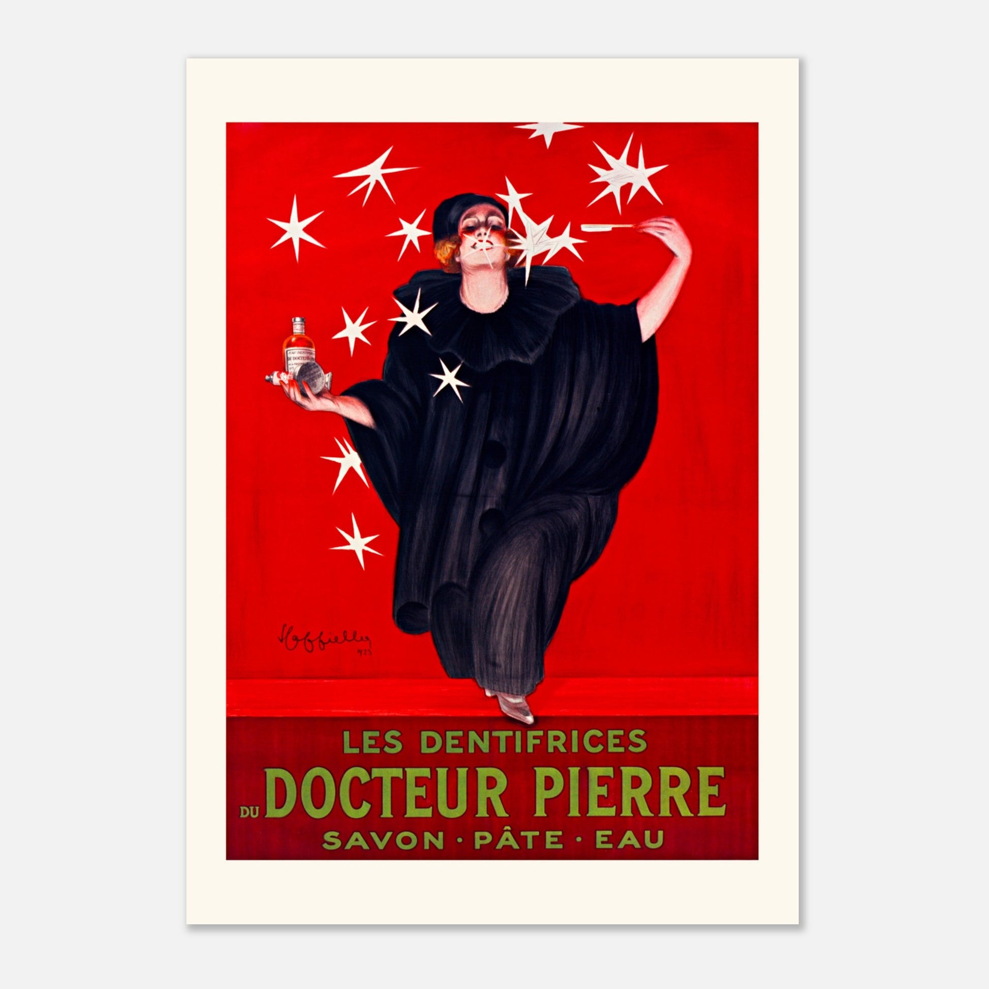 Affiche Dentifrices du Docteur Pierre — Leonetto Cappiello, 1923 (42x59,4 cm (A2)). Affiche publicitaire ancienne pour les dentifrices du Docteur Pierre, montrant une femme en tenue de soirée tenant des objets pour l'hygiène dentaire, entourée d'étoiles.