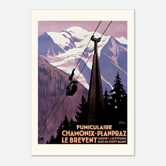 Planche vintage Funiculaire Chamonix-Planpraz par Roger Broders (42x59,4 cm (A2)). Affiche publicitaire ancienne pour le funiculaire Chamonix-Planpraz Le Brévent, montrant des montagnes enneigées et un téléphérique, par Roger Broders (1928).