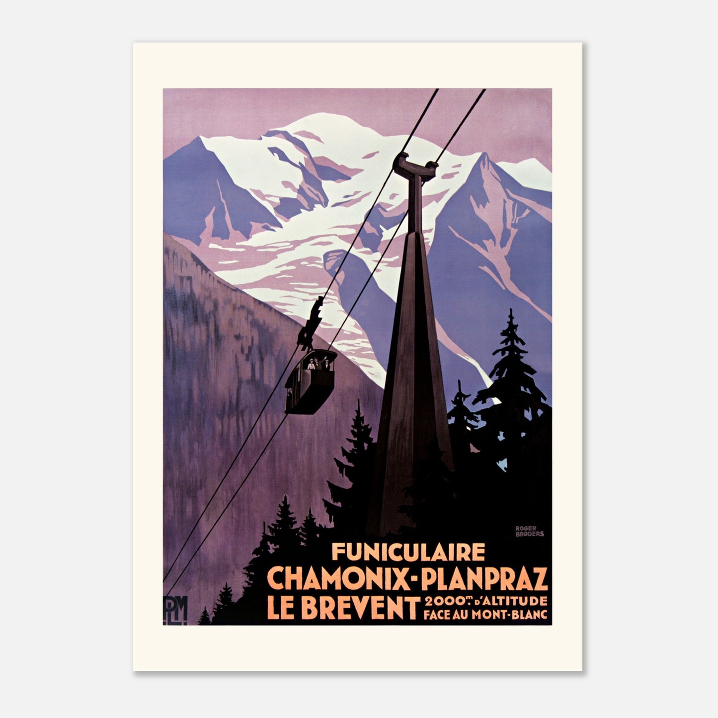 Planche vintage Funiculaire Chamonix-Planpraz par Roger Broders (50x70 cm). Affiche publicitaire ancienne pour le funiculaire Chamonix-Planpraz Le Brévent, montrant des montagnes enneigées et un téléphérique, par Roger Broders (1928).