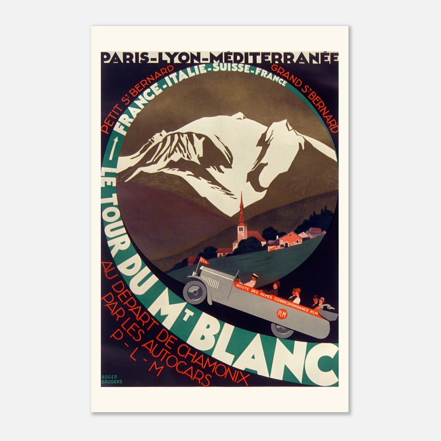 Affiche Le Tour du Mont-Blanc par Roger Broders (30x45 cm). Affiche de voyage vintage "Le Tour du Mont-Blanc", montrant un paysage de montagne enneigée avec une église, des maisons et une voiture ancienne sur une route sinueuse.