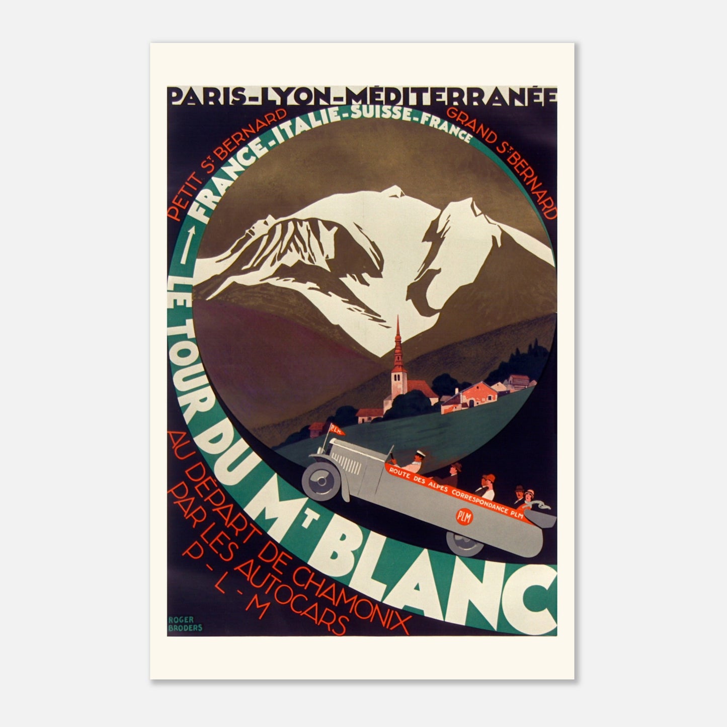 Affiche Le Tour du Mont-Blanc par Roger Broders (40x60 cm). Affiche de voyage vintage "Le Tour du Mont-Blanc", montrant un paysage de montagne enneigée avec une église, des maisons et une voiture ancienne sur une route sinueuse.