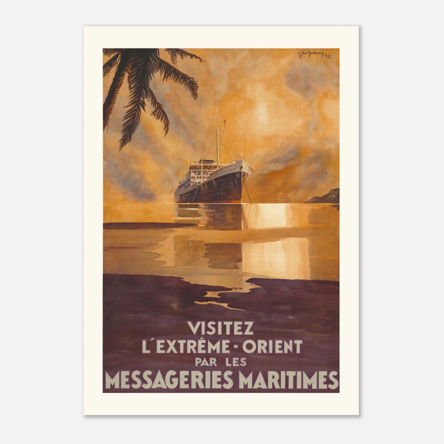 Affiche Messageries Maritimes : L’Extrême-Orient — Jacques des Gachons (84,1x118,9 cm (A0)). Affiche publicitaire vintage pour les Messageries Maritimes, représentant un paquebot sur une mer calme au coucher du soleil avec une palme.