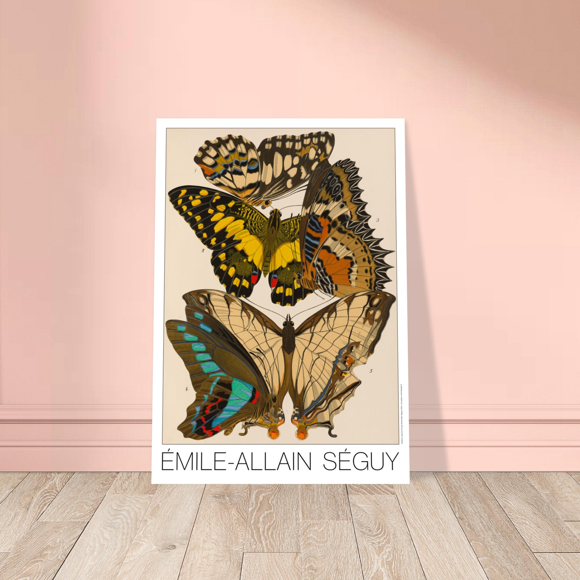 Affiche de motifs décoratifs de papillons par Émile-Allain Séguy. Cette affiche Art Déco présente une composition de motifs de papillons déclinés en plusieurs panneaux décoratifs. Image d'illustration 8
