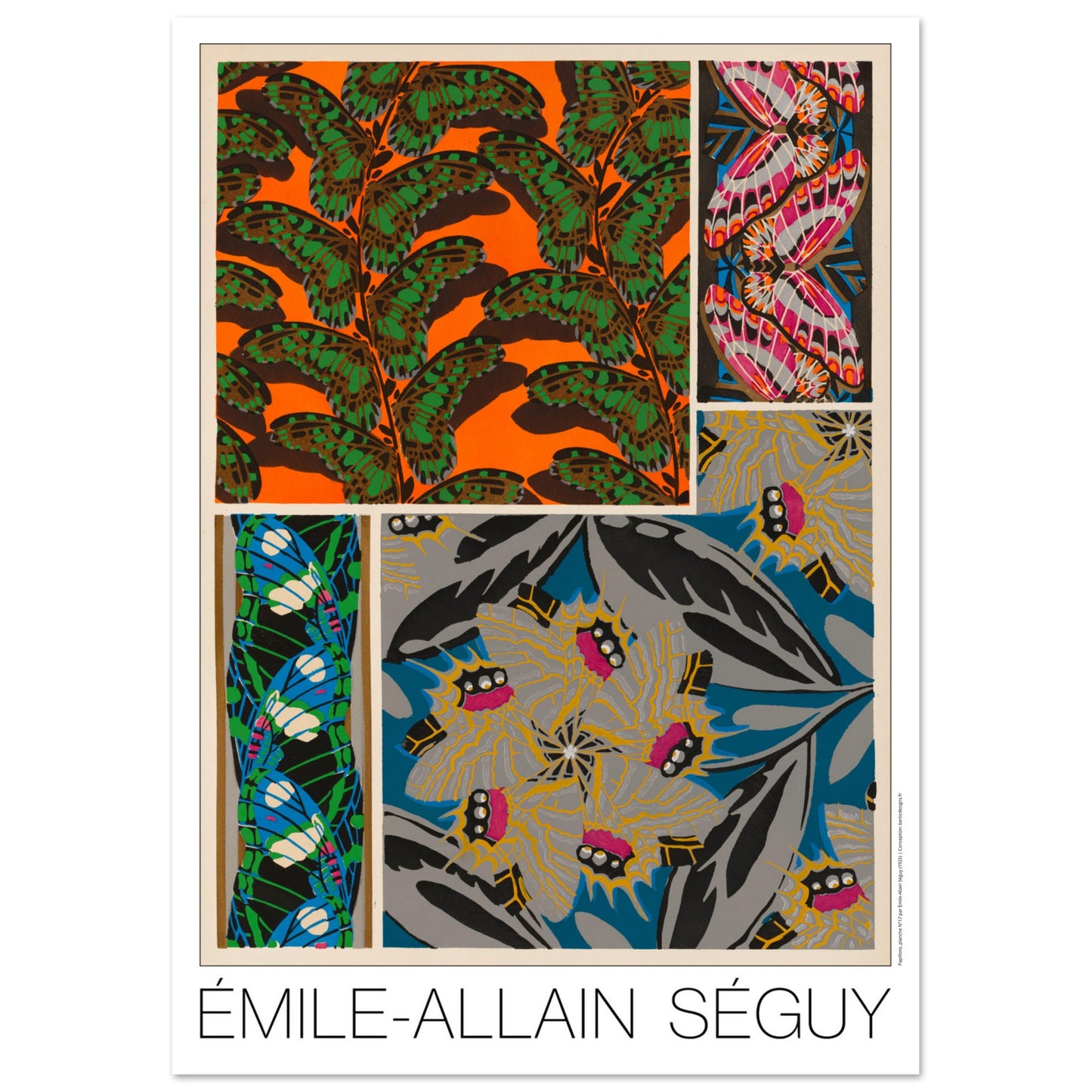 Affiche Papillons décoratifs - Composition N°1, Émile-Allain Séguy (29,7x42 cm (A3)). Affiche d'Émile-Allain Séguy, 'Papillons décoratifs - Composition N°1', présentant des motifs de papillons et de feuilles dans des tons vifs de vert, orange, rose, bleu et gris.