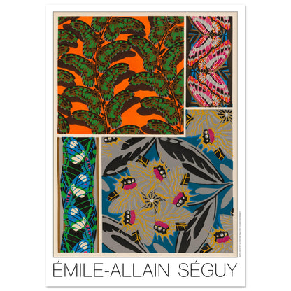 Affiche Papillons décoratifs - Composition N°1, Émile-Allain Séguy (29,7x42 cm (A3)). Affiche d'Émile-Allain Séguy, 'Papillons décoratifs - Composition N°1', présentant des motifs de papillons et de feuilles dans des tons vifs de vert, orange, rose, bleu et gris.