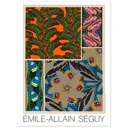 Affiche Papillons décoratifs - Composition N°1, Émile-Allain Séguy (30x40 cm). Affiche d'Émile-Allain Séguy, 'Papillons décoratifs - Composition N°1', présentant des motifs de papillons et de feuilles dans des tons vifs de vert, orange, rose, bleu et gris.