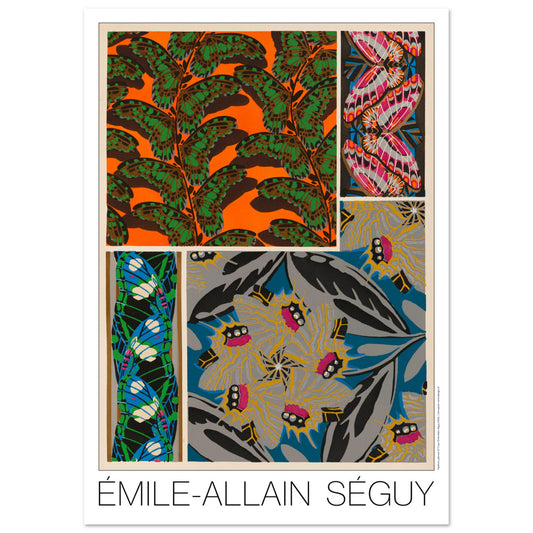 Affiche Papillons décoratifs - Composition N°1, Émile-Allain Séguy (42x59,4 cm (A2)). Affiche d'Émile-Allain Séguy, 'Papillons décoratifs - Composition N°1', présentant des motifs de papillons et de feuilles dans des tons vifs de vert, orange, rose, bleu et gris.