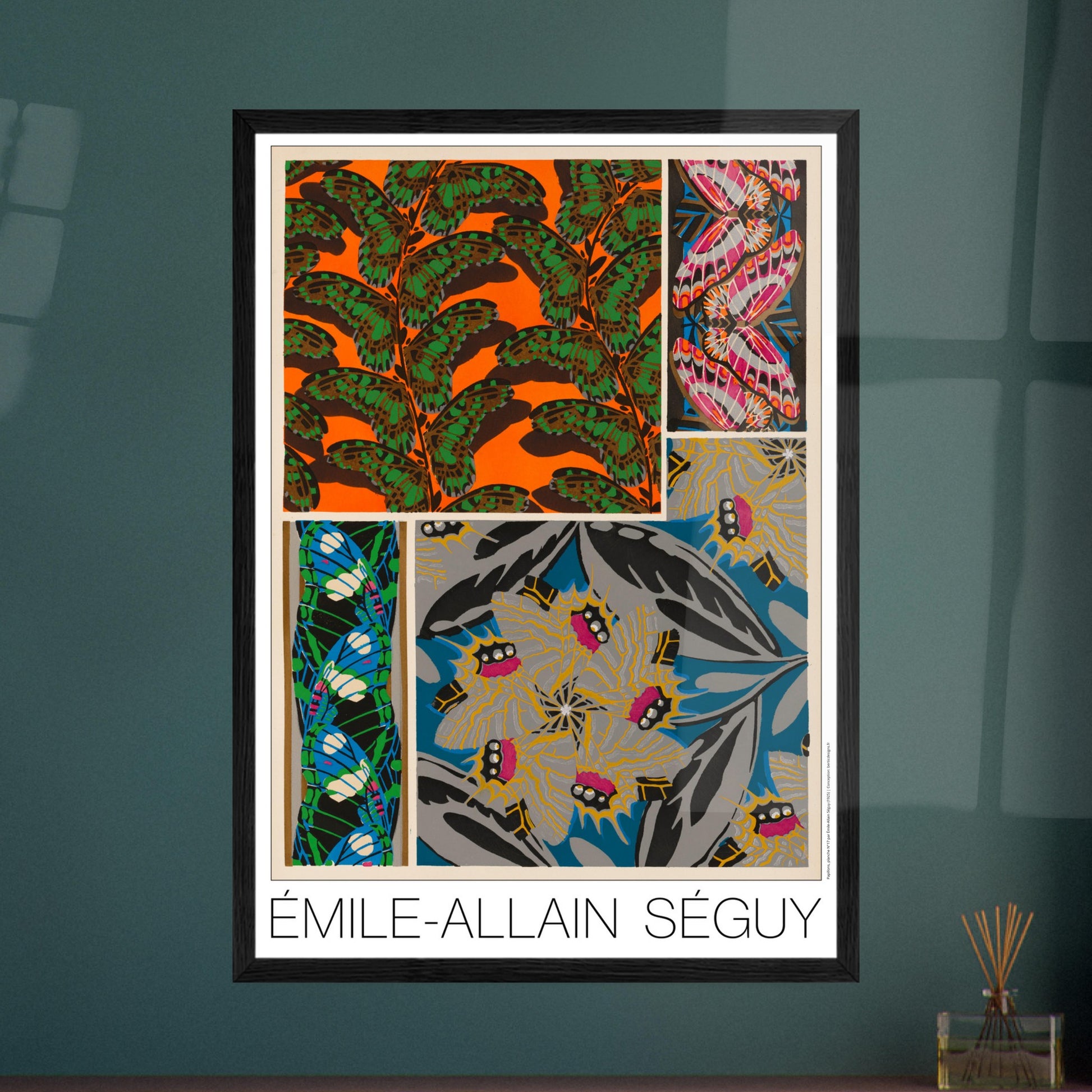 Affiche Papillons décoratifs - Composition N°1, Émile-Allain Séguy. Affiche d'Émile-Allain Séguy, 'Papillons décoratifs - Composition N°1', présentant des motifs de papillons et de feuilles dans des tons vifs de vert, orange, rose, bleu et gris. Image d'illustration 7