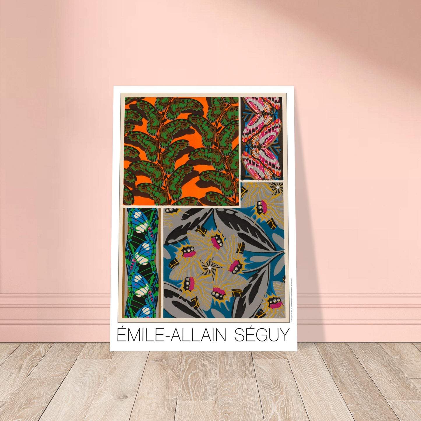 Affiche Papillons décoratifs - Composition N°1, Émile-Allain Séguy. Affiche d'Émile-Allain Séguy, 'Papillons décoratifs - Composition N°1', présentant des motifs de papillons et de feuilles dans des tons vifs de vert, orange, rose, bleu et gris. Image d'illustration 8
