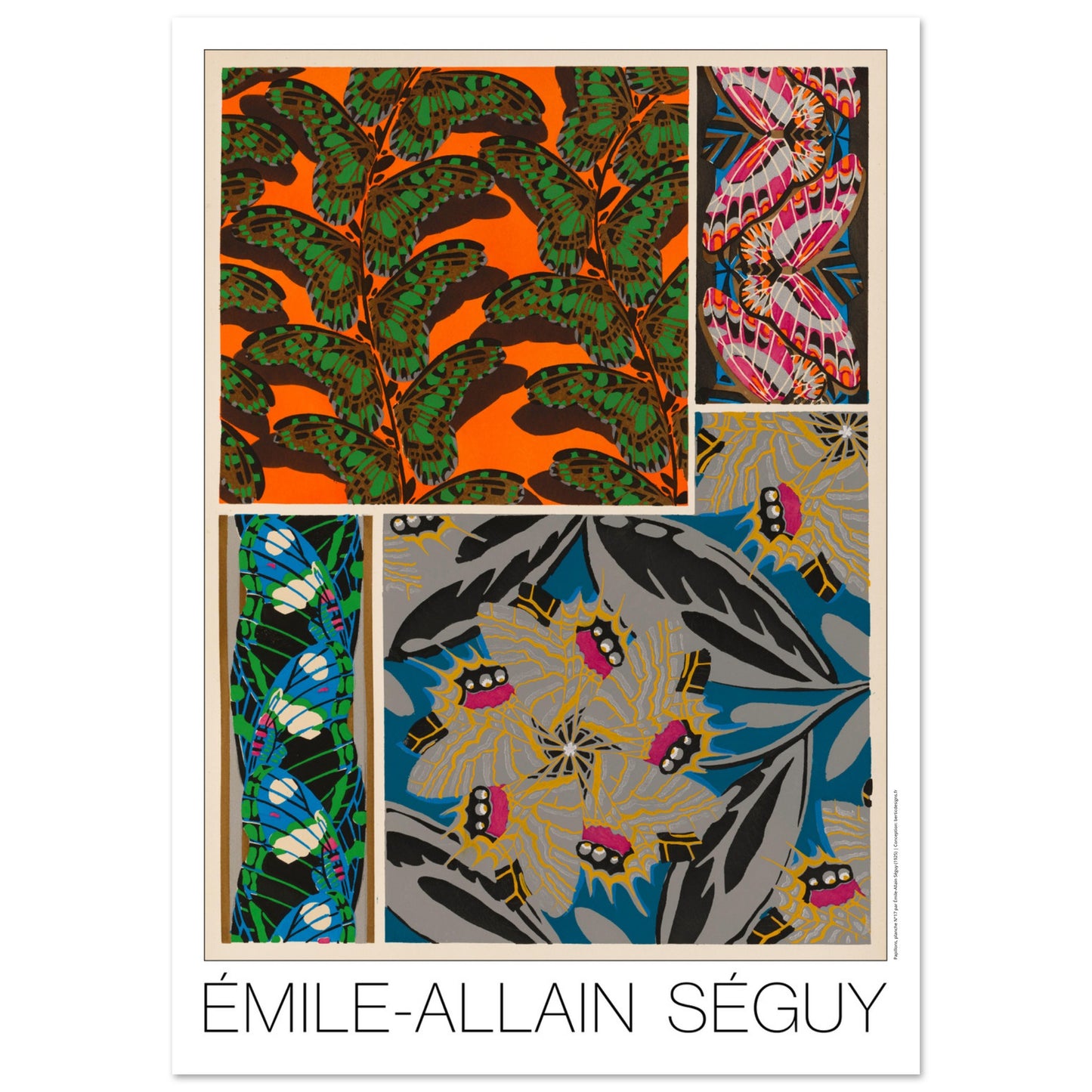 Affiche Papillons décoratifs - Composition N°1, Émile-Allain Séguy (84,1x118,9 cm (A0)). Affiche d'Émile-Allain Séguy, 'Papillons décoratifs - Composition N°1', présentant des motifs de papillons et de feuilles dans des tons vifs de vert, orange, rose, bleu et gris.