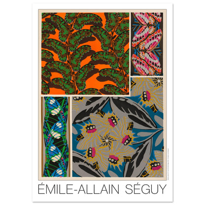 Affiche Papillons décoratifs - Composition N°1, Émile-Allain Séguy (84,1x118,9 cm (A0)). Affiche d'Émile-Allain Séguy, 'Papillons décoratifs - Composition N°1', présentant des motifs de papillons et de feuilles dans des tons vifs de vert, orange, rose, bleu et gris.