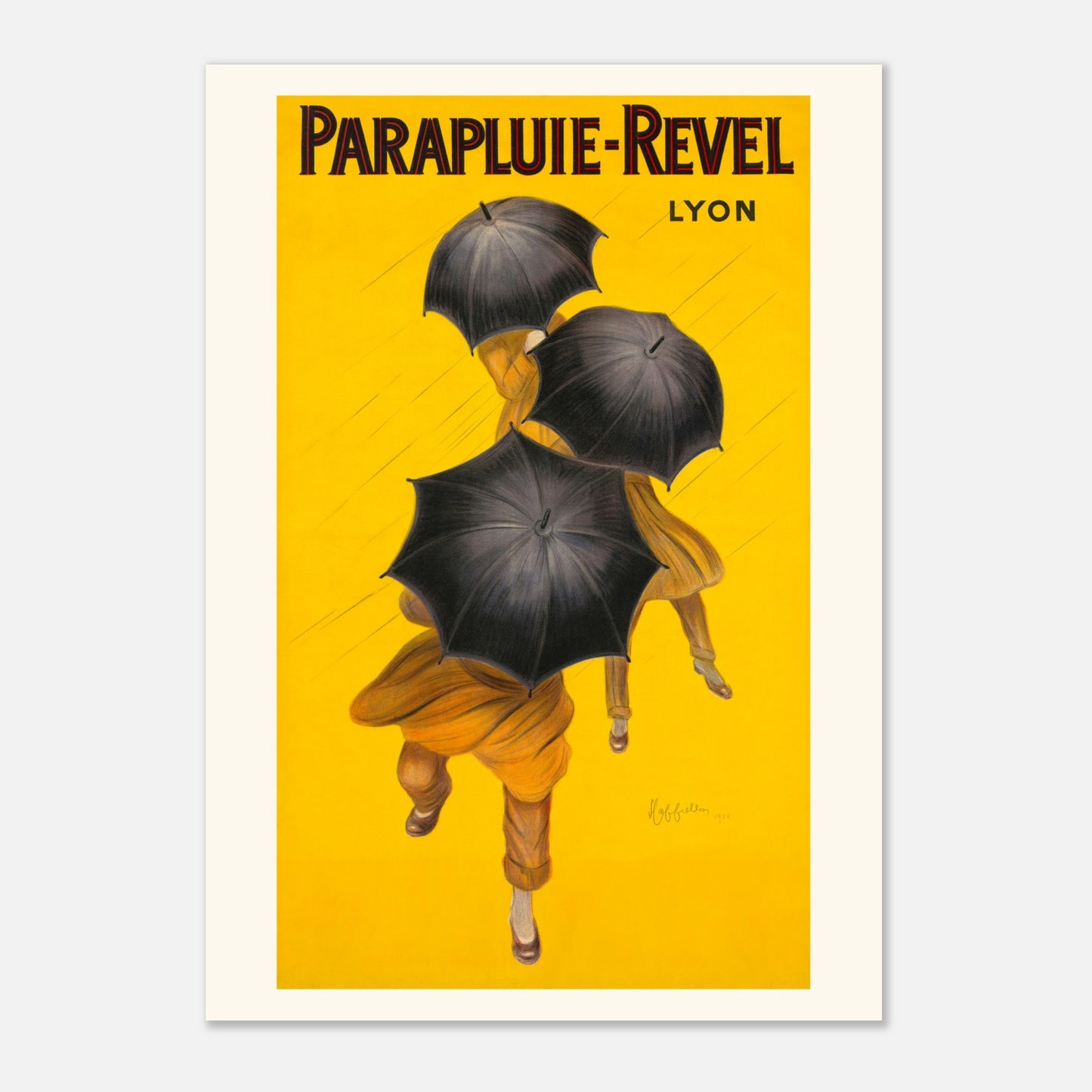Affiche Parapluies Revel par Leonetto Cappiello, 1922 (42x59,4 cm (A2)). Affiche publicitaire vintage pour les parapluies Revel, montrant deux personnes sous des parapluies noirs sous la pluie.
