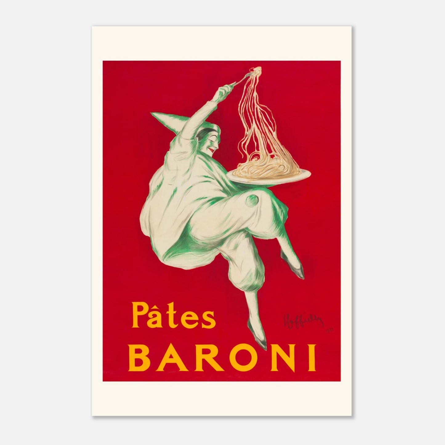 Affiche ancienne Pâtes Baroni par Leonetto Cappiello (1921) (60x90 cm / 24x36″). Affiche publicitaire vintage de Cappiello pour Pâtes Baroni, représentant un Pierrot gourmand vert manipulant une grande portion de spaghettis.