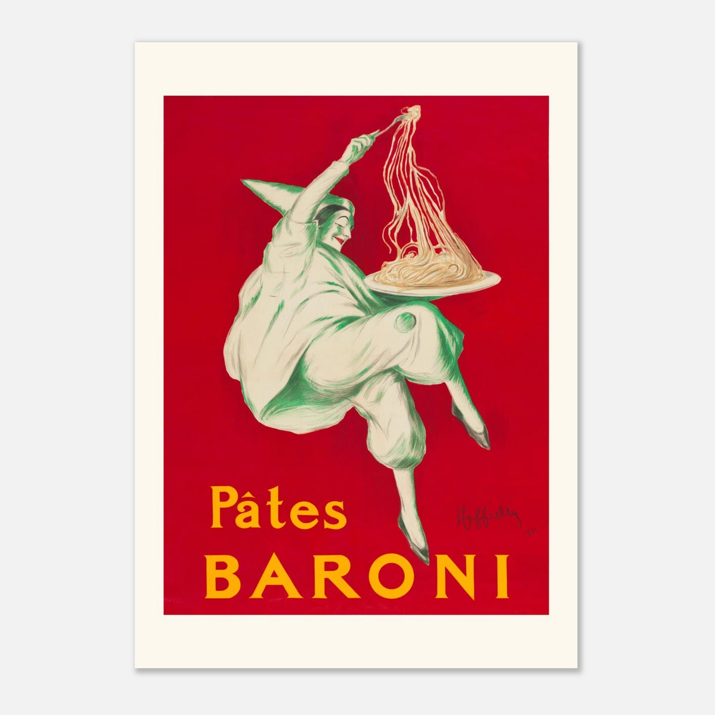 Affiche ancienne Pâtes Baroni par Leonetto Cappiello (1921) (A2 (42 x 59.4  cm)). Affiche publicitaire vintage de Cappiello pour Pâtes Baroni, représentant un Pierrot gourmand vert manipulant une grande portion de spaghettis.