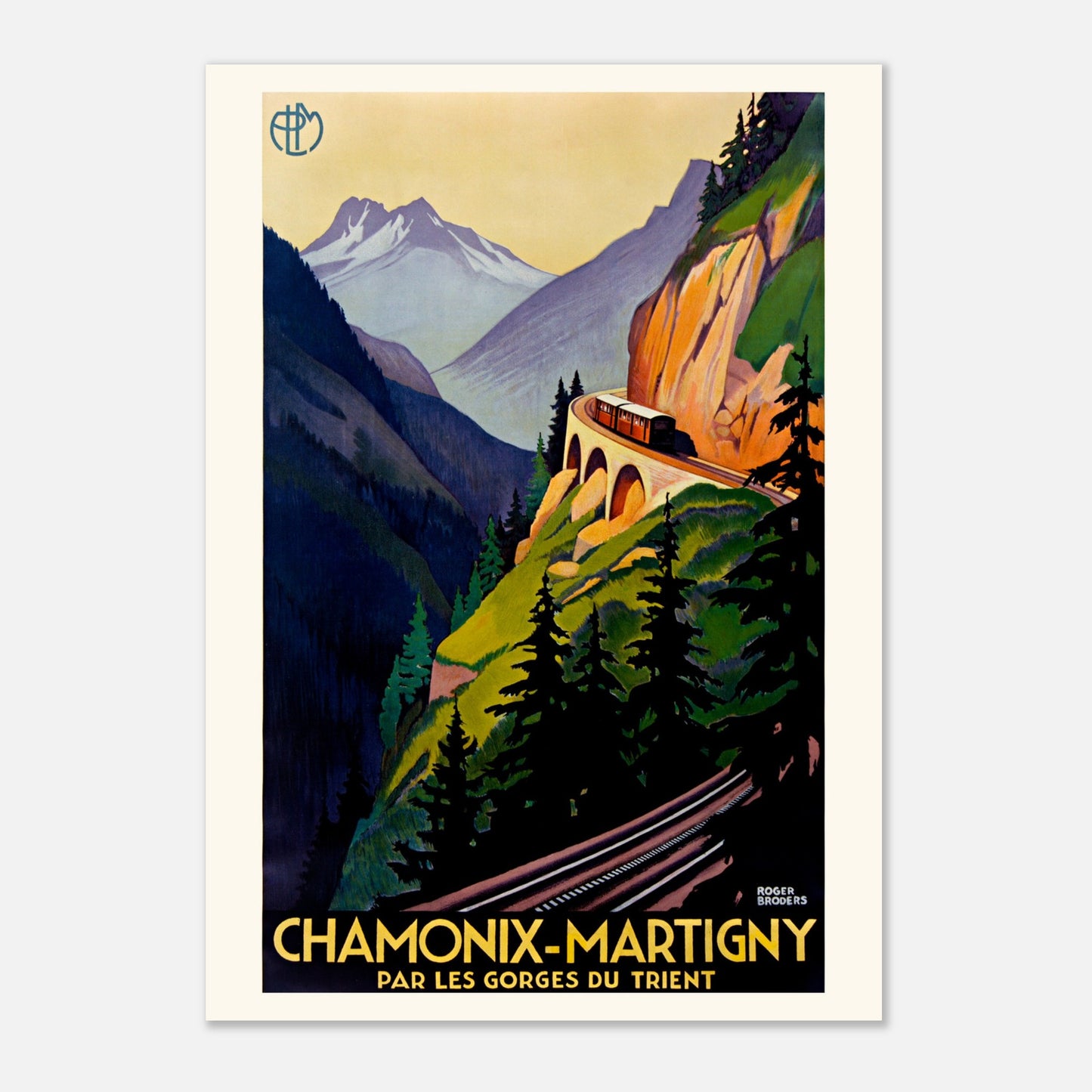 Affiche PLM Chamonix-Martigny par Roger Broders (29,7x42 cm (A3)). Affiche PLM vintage "Chamonix-Martigny par les Gorges du Trient", représentant un train à crémaillère traversant un paysage montagneux escarpé.