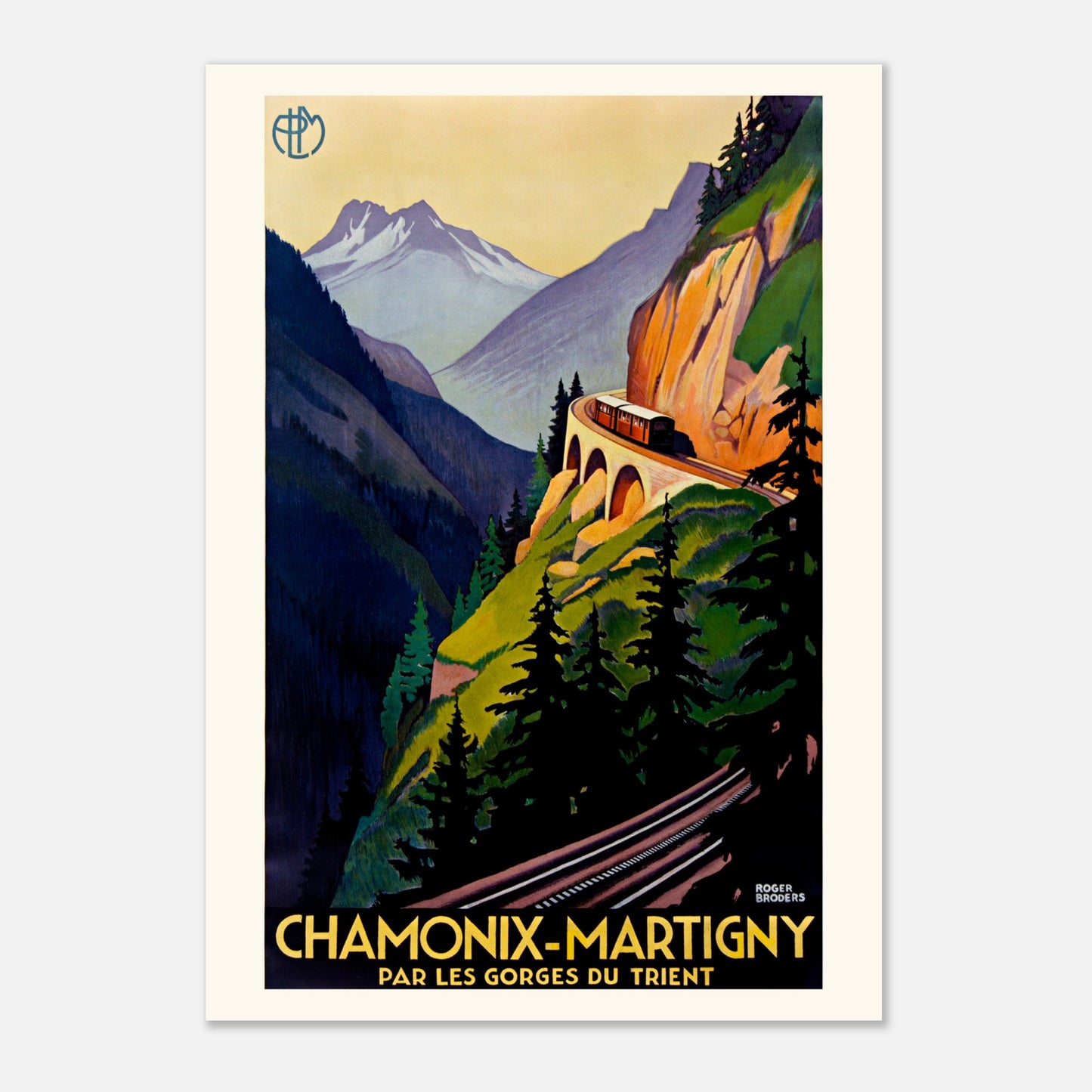 Affiche PLM Chamonix-Martigny par Roger Broders (42x59,4 cm (A2)). Affiche PLM vintage "Chamonix-Martigny par les Gorges du Trient", représentant un train à crémaillère traversant un paysage montagneux escarpé.