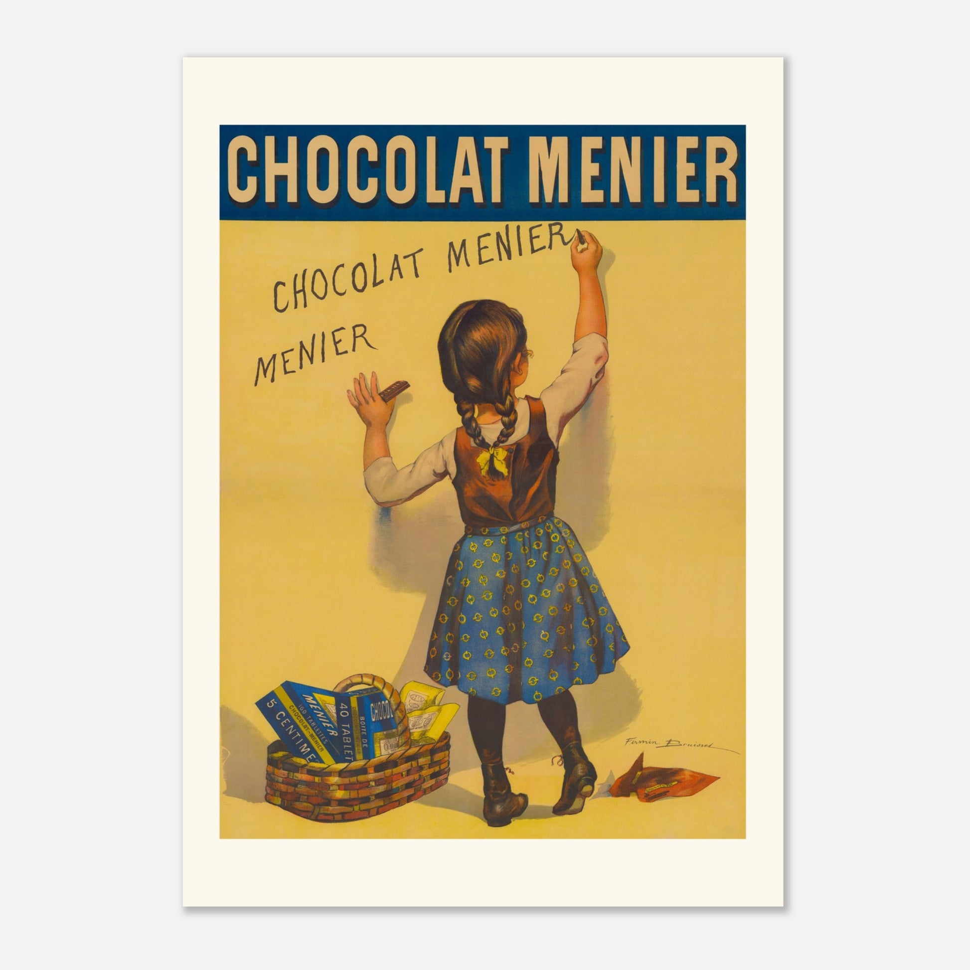 Affiche publicitaire Chocolat Menier par Firmin Bouisset (29,7x42 cm (A3)). Affiche publicitaire iconique du Chocolat Menier, montrant une jeune fille écrivant "Chocolat Menier" sur un mur, avec un panier de tablettes de chocolat à ses pieds.