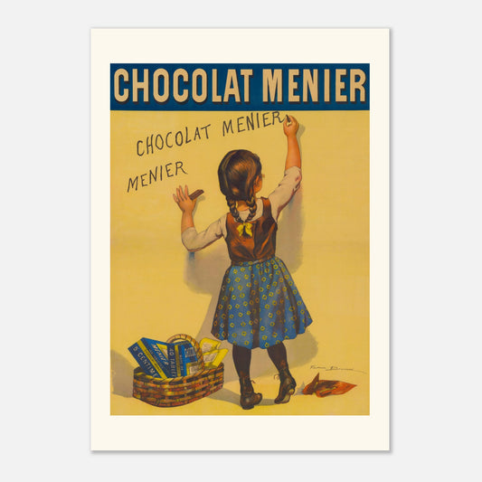 Affiche publicitaire Chocolat Menier par Firmin Bouisset (42x59,4 cm (A2)). Affiche publicitaire iconique du Chocolat Menier, montrant une jeune fille écrivant "Chocolat Menier" sur un mur, avec un panier de tablettes de chocolat à ses pieds.
