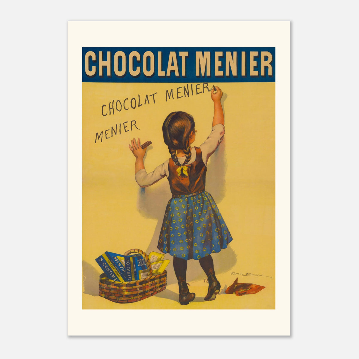 Affiche publicitaire Chocolat Menier par Firmin Bouisset (42x59,4 cm (A2)). Affiche publicitaire iconique du Chocolat Menier, montrant une jeune fille écrivant "Chocolat Menier" sur un mur, avec un panier de tablettes de chocolat à ses pieds.