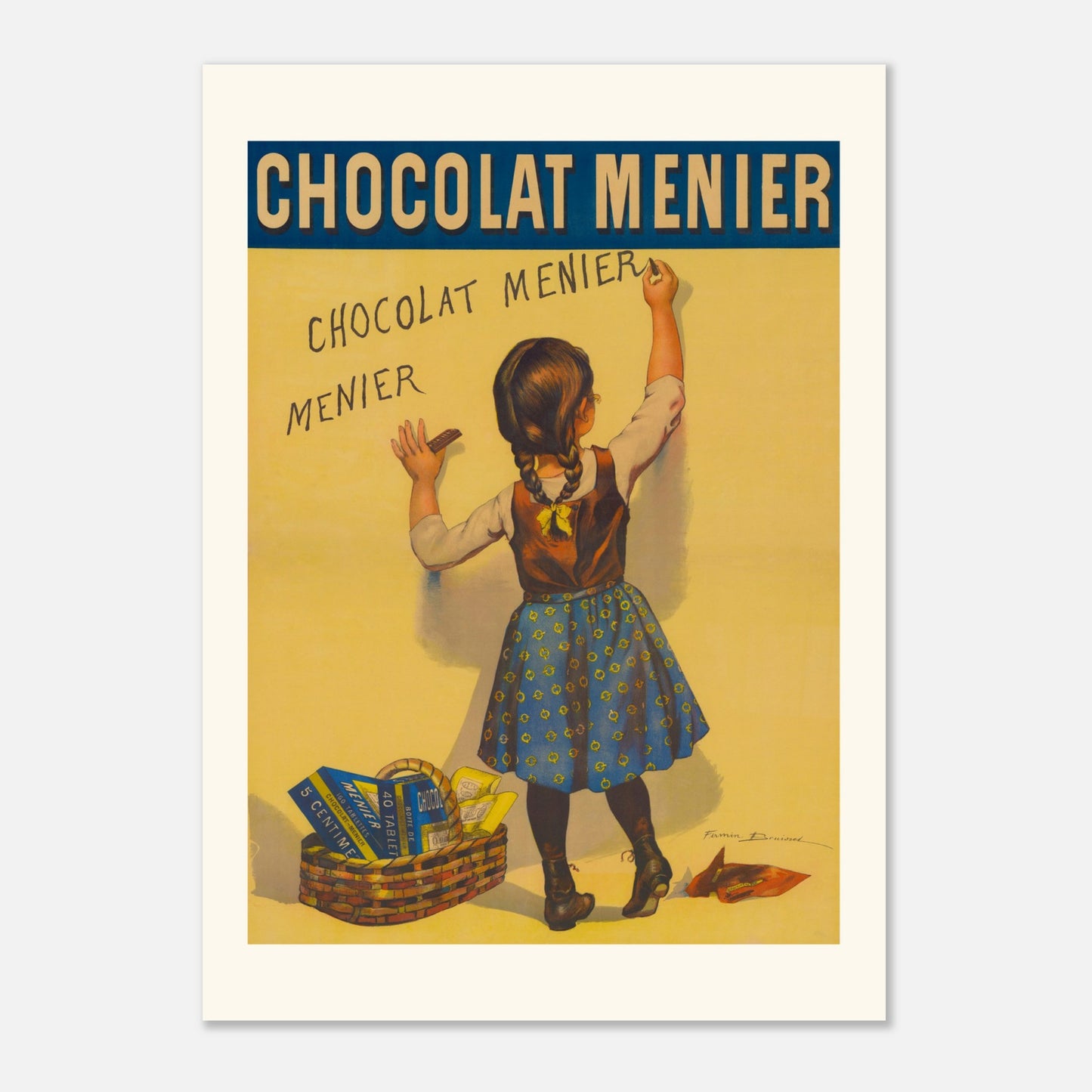 Affiche publicitaire Chocolat Menier par Firmin Bouisset (50x70 cm). Affiche publicitaire iconique du Chocolat Menier, montrant une jeune fille écrivant "Chocolat Menier" sur un mur, avec un panier de tablettes de chocolat à ses pieds.