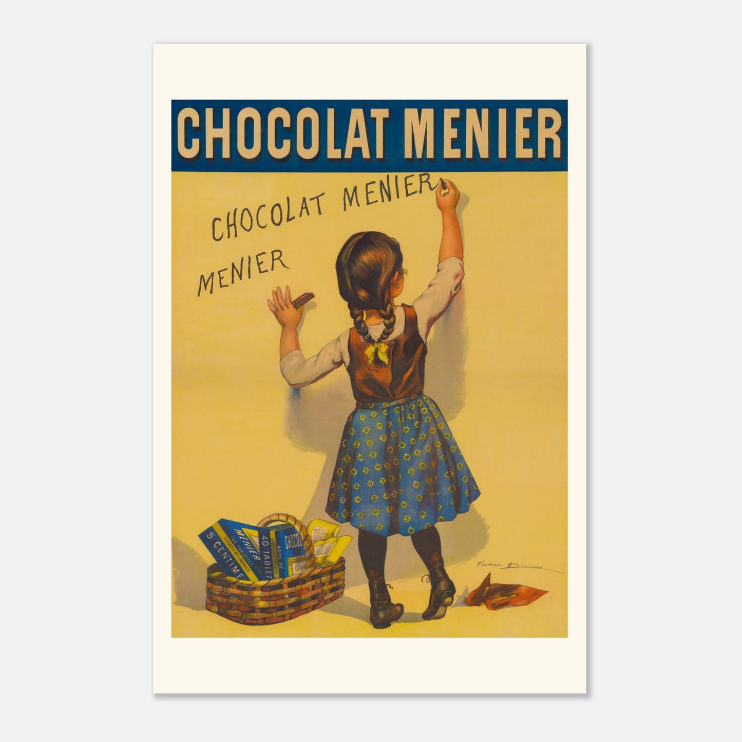 Affiche publicitaire Chocolat Menier par Firmin Bouisset (60x90 cm). Affiche publicitaire iconique du Chocolat Menier, montrant une jeune fille écrivant "Chocolat Menier" sur un mur, avec un panier de tablettes de chocolat à ses pieds.