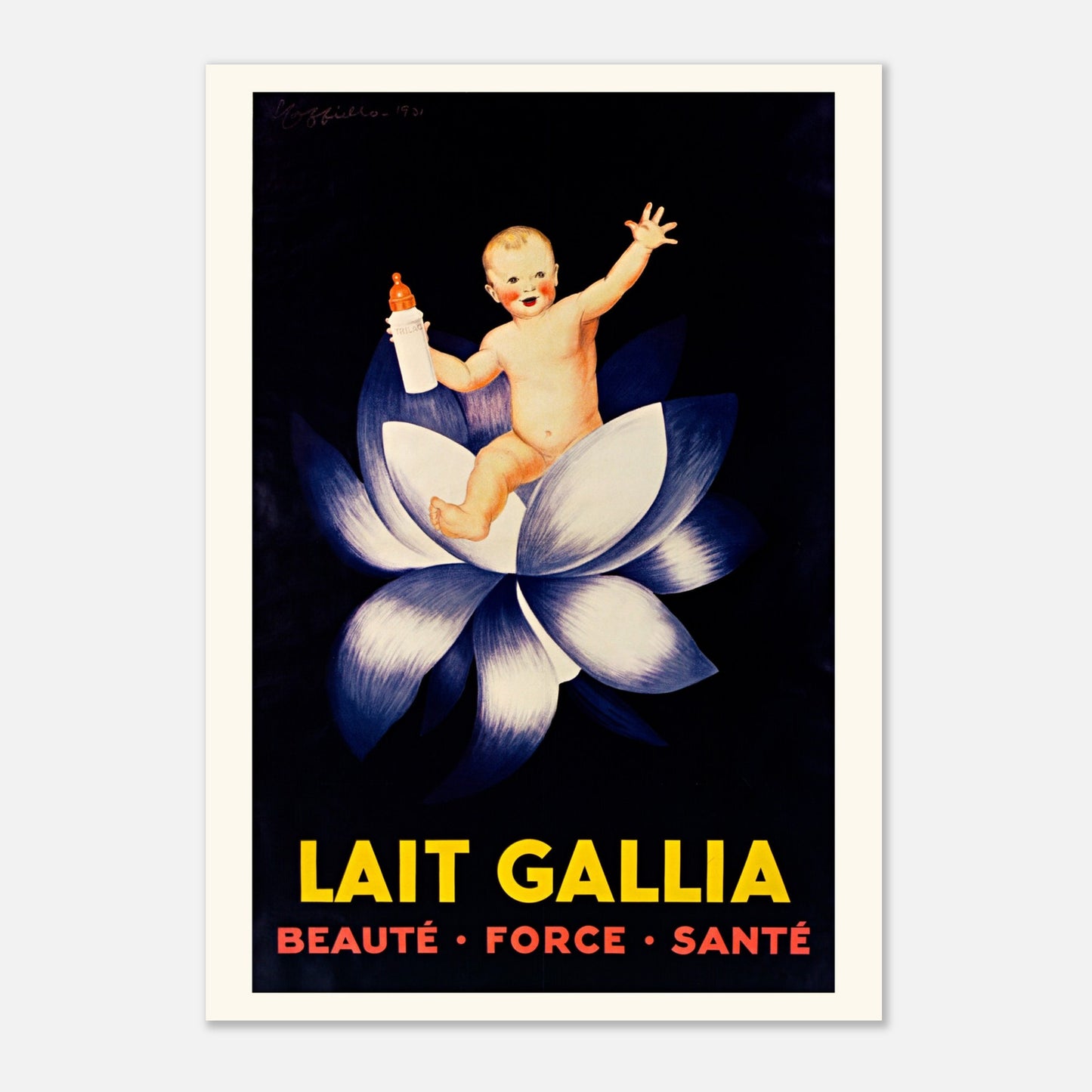 Affiche publicitaire Lait Gallia de Leonetto Cappiello (29,7x42 cm (A3)). Affiche publicitaire vintage pour le Lait Gallia montrant un bébé souriant assis dans une fleur de lotus, tenant un biberon.