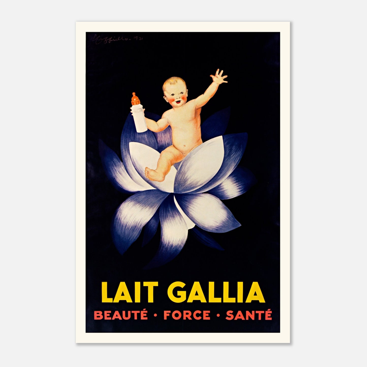 Affiche publicitaire Lait Gallia de Leonetto Cappiello (30x45 cm). Affiche publicitaire vintage pour le Lait Gallia montrant un bébé souriant assis dans une fleur de lotus, tenant un biberon.