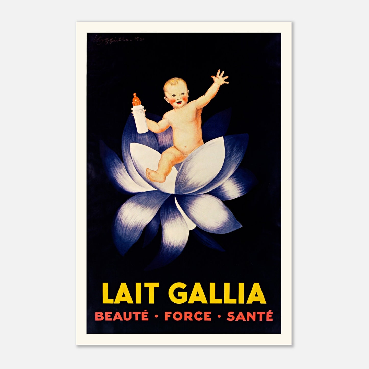 Affiche publicitaire Lait Gallia de Leonetto Cappiello (40x60 cm). Affiche publicitaire vintage pour le Lait Gallia montrant un bébé souriant assis dans une fleur de lotus, tenant un biberon.