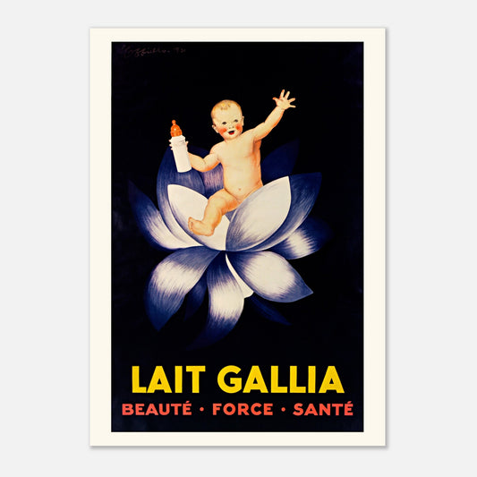 Affiche publicitaire Lait Gallia de Leonetto Cappiello (42x59,4 cm (A2)). Affiche publicitaire vintage pour le Lait Gallia montrant un bébé souriant assis dans une fleur de lotus, tenant un biberon.
