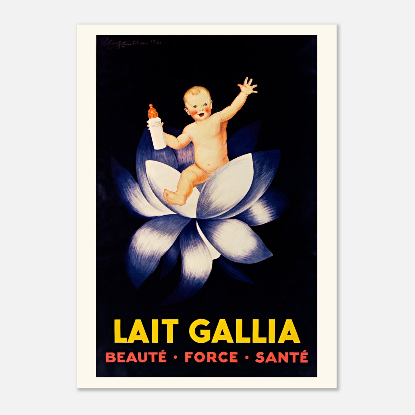 Affiche publicitaire Lait Gallia de Leonetto Cappiello (50x70 cm). Affiche publicitaire vintage pour le Lait Gallia montrant un bébé souriant assis dans une fleur de lotus, tenant un biberon.