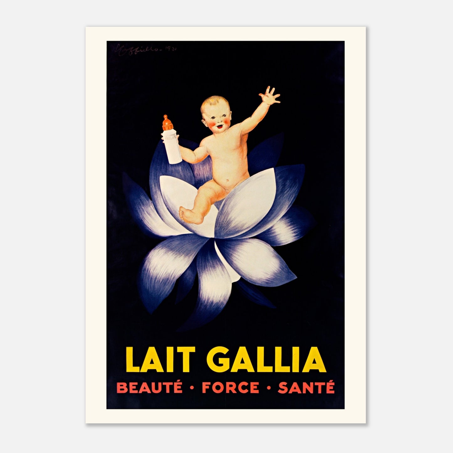 Affiche publicitaire Lait Gallia de Leonetto Cappiello (59,4x84,1 cm (A1)). Affiche publicitaire vintage pour le Lait Gallia montrant un bébé souriant assis dans une fleur de lotus, tenant un biberon.