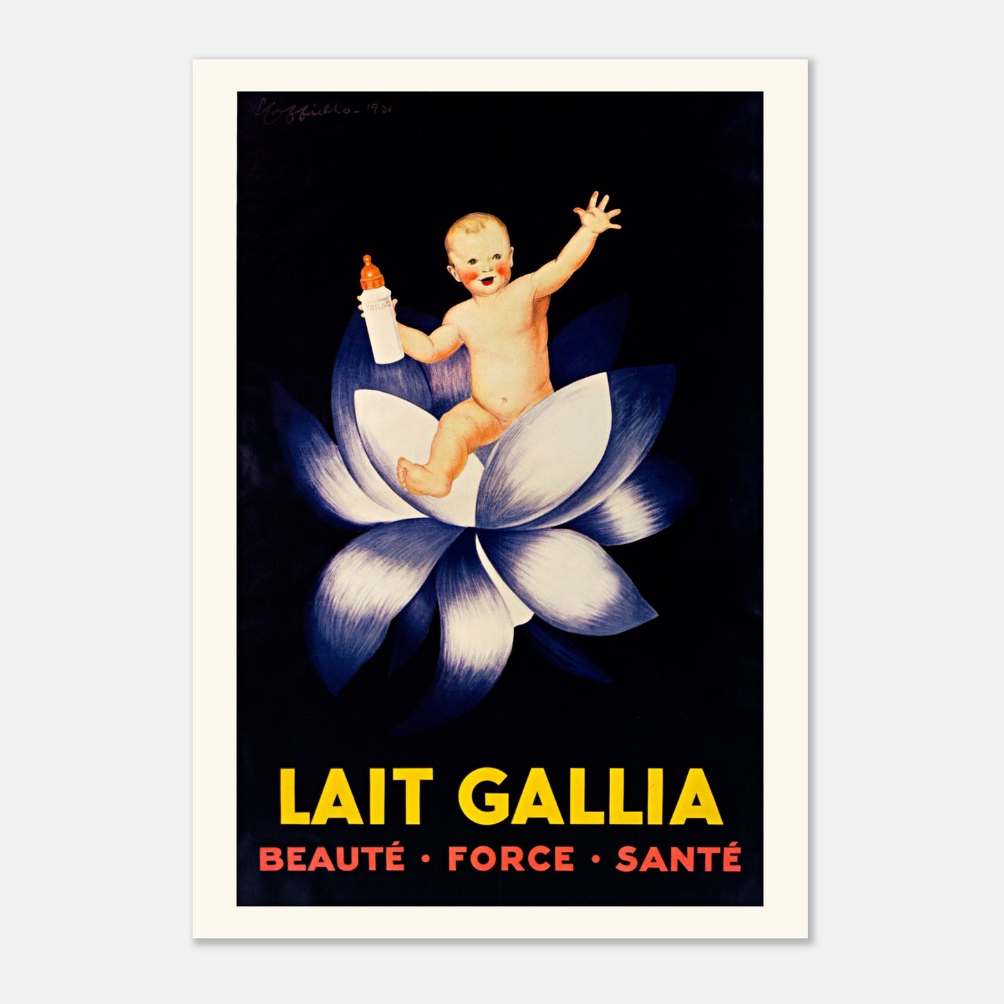 Affiche publicitaire Lait Gallia de Leonetto Cappiello (70x100 cm). Affiche publicitaire vintage pour le Lait Gallia montrant un bébé souriant assis dans une fleur de lotus, tenant un biberon.