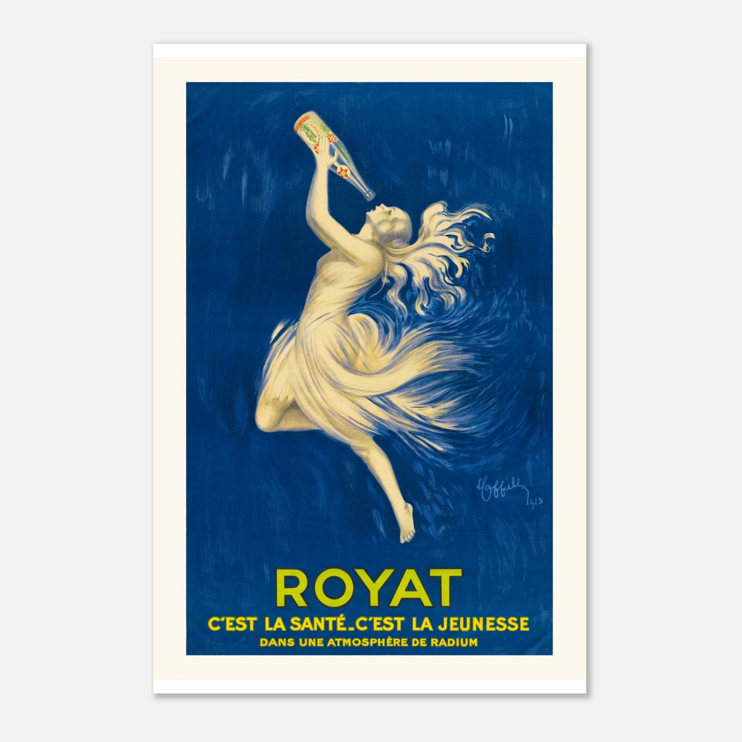 Affiche publicitaire Royat par Leonetto Cappiello (40x60 cm). Une affiche publicitaire pour Royat montrant une femme aux cheveux flottants buvant à une bouteille sur fond bleu avec le texte "Royat C'est la santé. C'est la jeunesse".