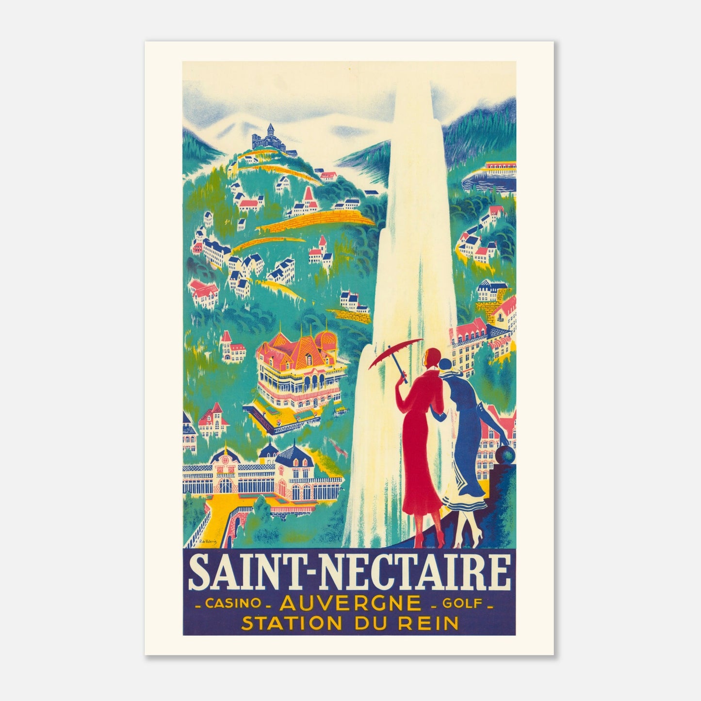 Affiche Saint-Nectaire Casino, Auvergne — Roger de Valerio, 1931 (30x45 cm). Affiche touristique vintage pour Saint-Nectaire (Auvergne), montrant un paysage avec des bâtiments, une cascade et des personnes avec un parapluie.