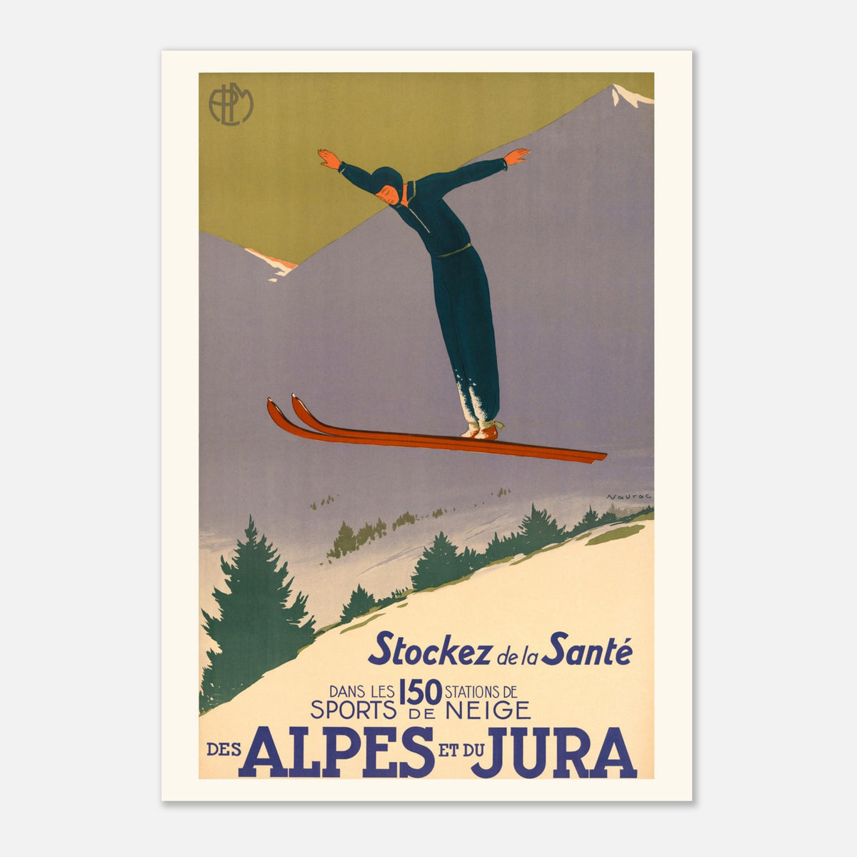 Snow sports Alps and Jura - Jean-Raoul Chaurand-Naurac - 1930 (29,7x42 cm (A3) / 11.7x16.5″). A vintage poster promoting snow sports in the Alps and the Jura, showing a skier performing a jump in a snowy mountain landscape.
