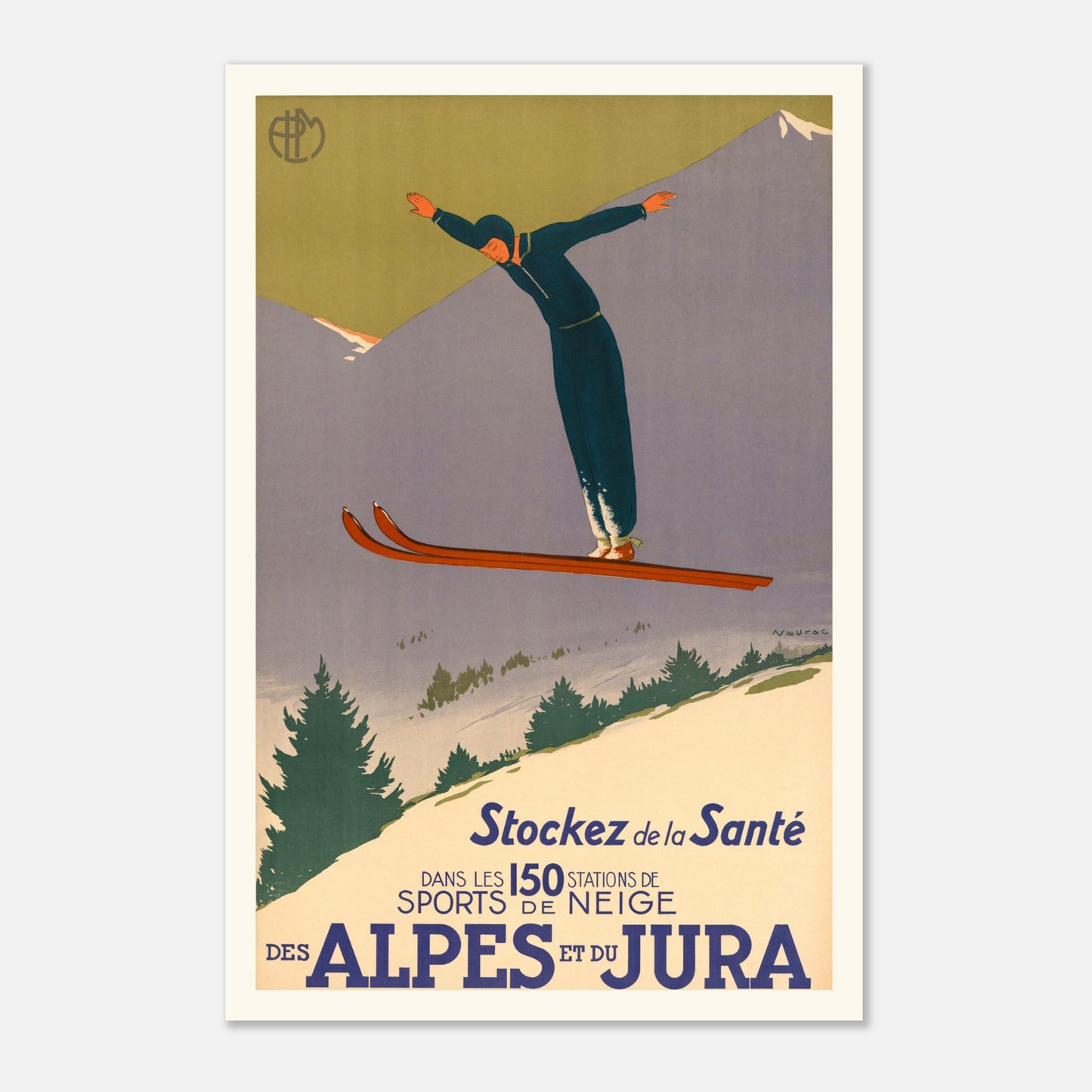 Sports de neige Alpes et Jura - Jean-Raoul Chaurand-Naurac - 1930 – Affiche vintage des stations de sports d’hiver (30x45 cm). Une affiche vintage promouvant les sports de neige dans les Alpes et le Jura, montrant un skieur effectuant un saut dans un paysage montagneux enneigé.