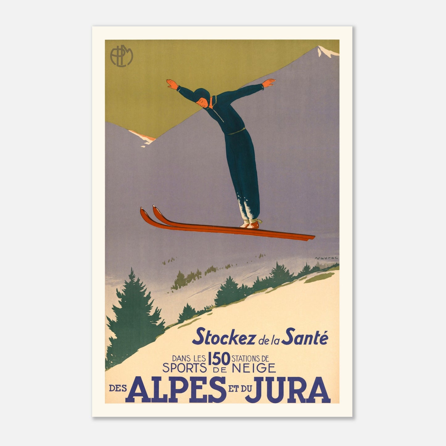 Sports de neige Alpes et Jura - Jean-Raoul Chaurand-Naurac - 1930 – Affiche vintage des stations de sports d’hiver (40x60 cm). Une affiche vintage promouvant les sports de neige dans les Alpes et le Jura, montrant un skieur effectuant un saut dans un paysage montagneux enneigé.